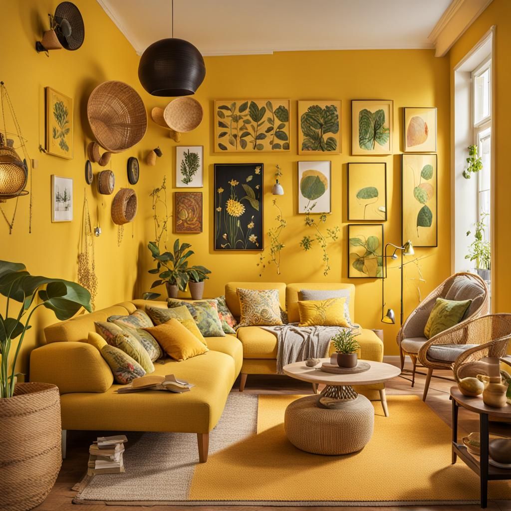 Cozy Yellow Interior with Eclectic Decor