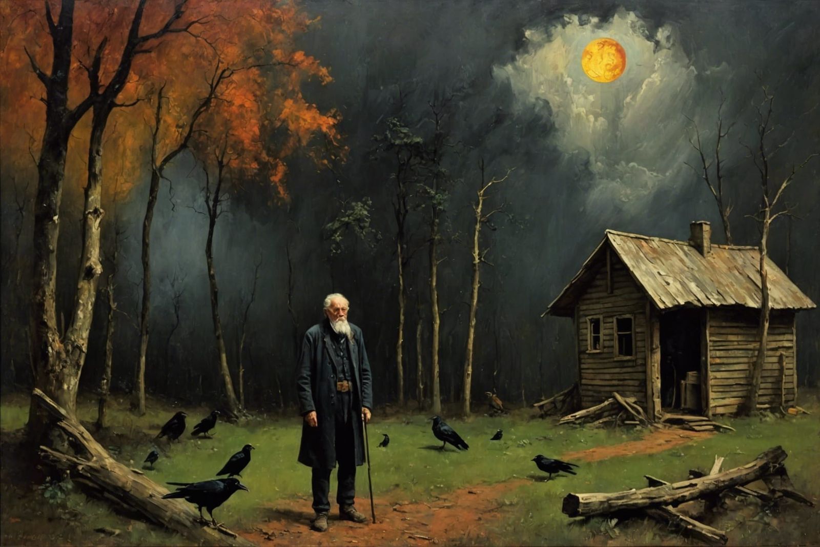 Melancholic Old Man in Forest Landscape, Oil Painting