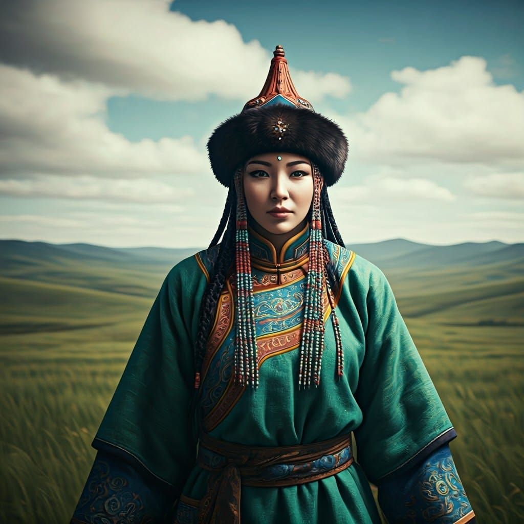 Mongolian Earth Goddess in Vibrant Deel Robes