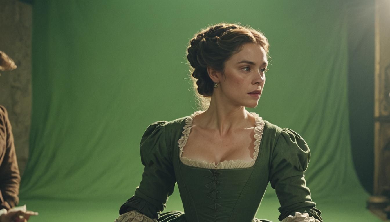 Actress in Period Costume Rehearsing on Greenscreen Set