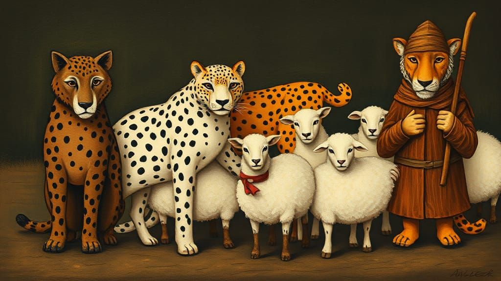 Naive Depiction of Wolves, Leopards, Sheep, and Shepherds