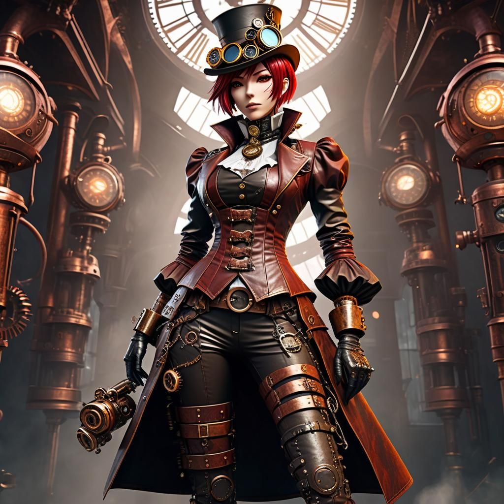 Anime Steampunk Girl in Detailed Leather Outfit