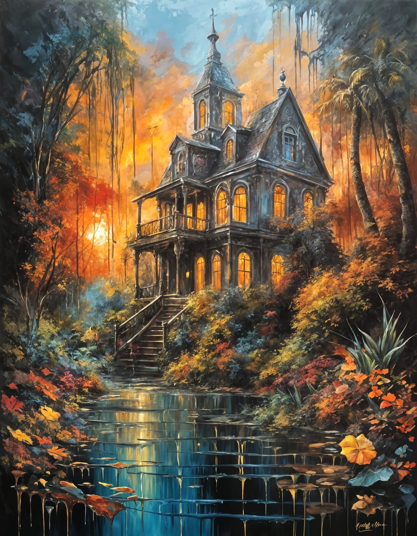 Surreal Abandoned Mansion in Dripping Oil Paint Style