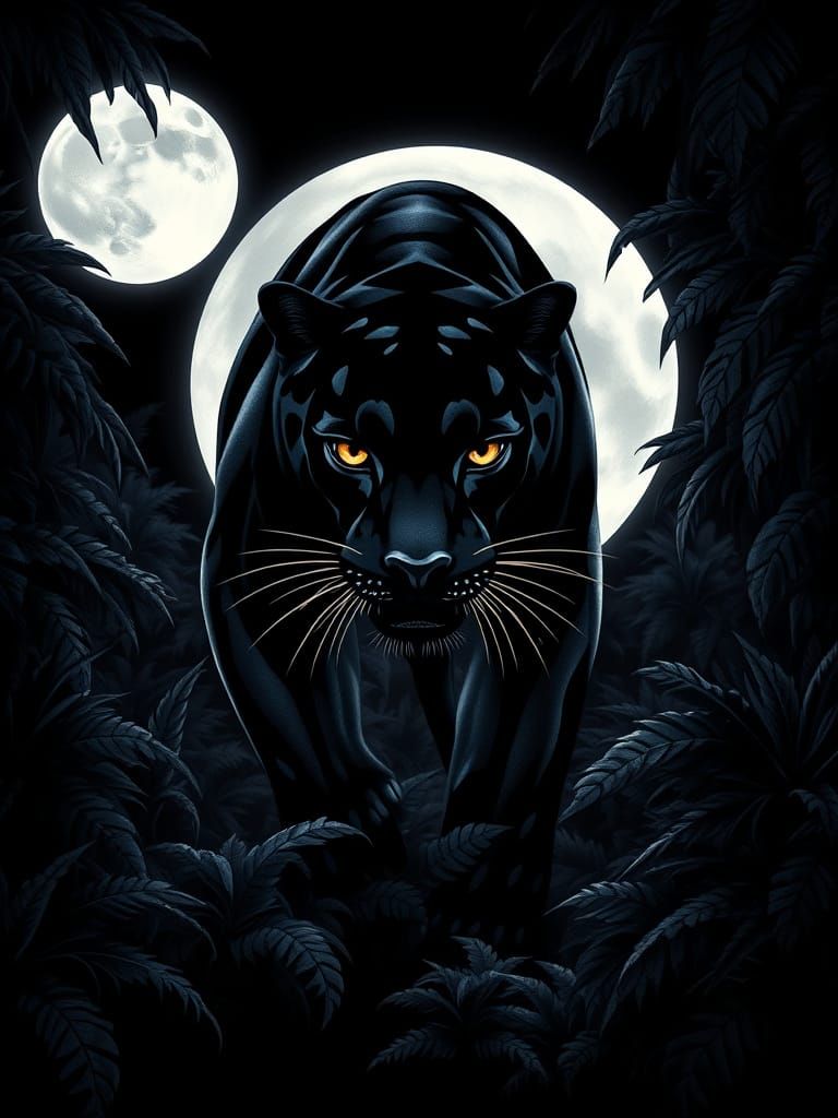 Majestic Black Panther in Moonlit Jungle Scene