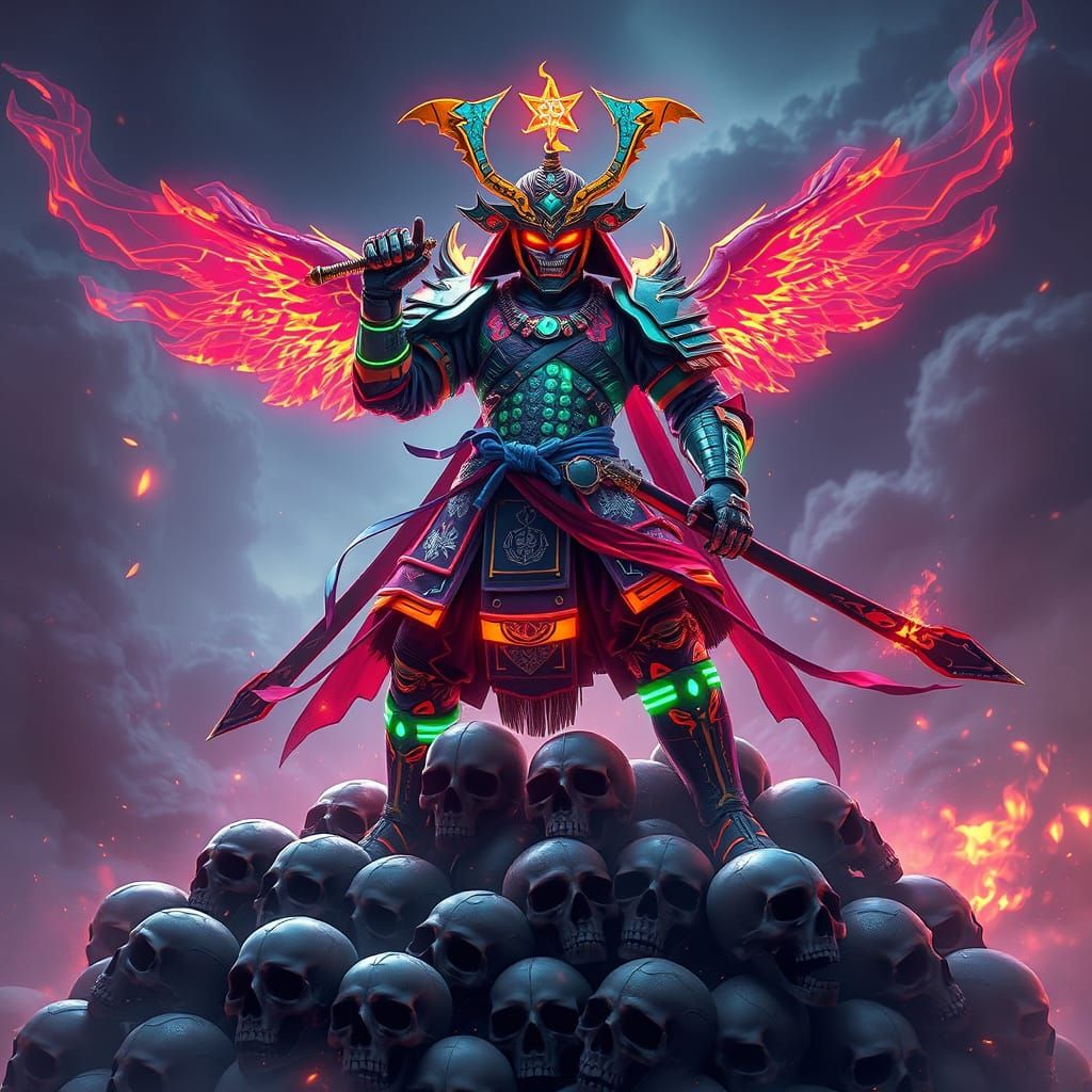 Neon Samurai Warrior on Mountain of Skulls