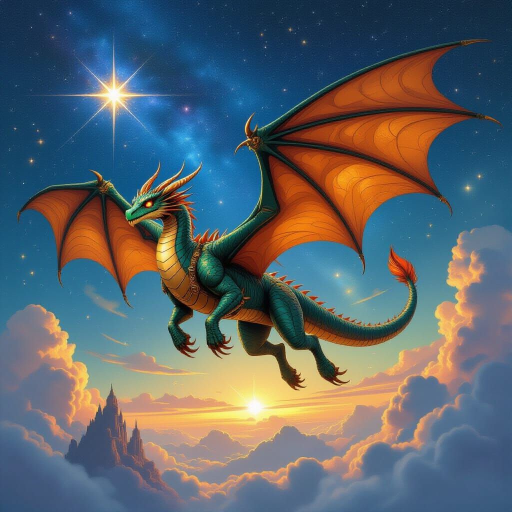 Steampunk Dragon Flight in Starry Sky