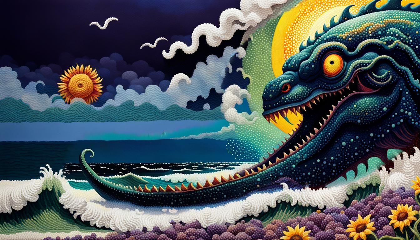 Kraken's Grasp: Lovecraftian Horror in Pointillism Style