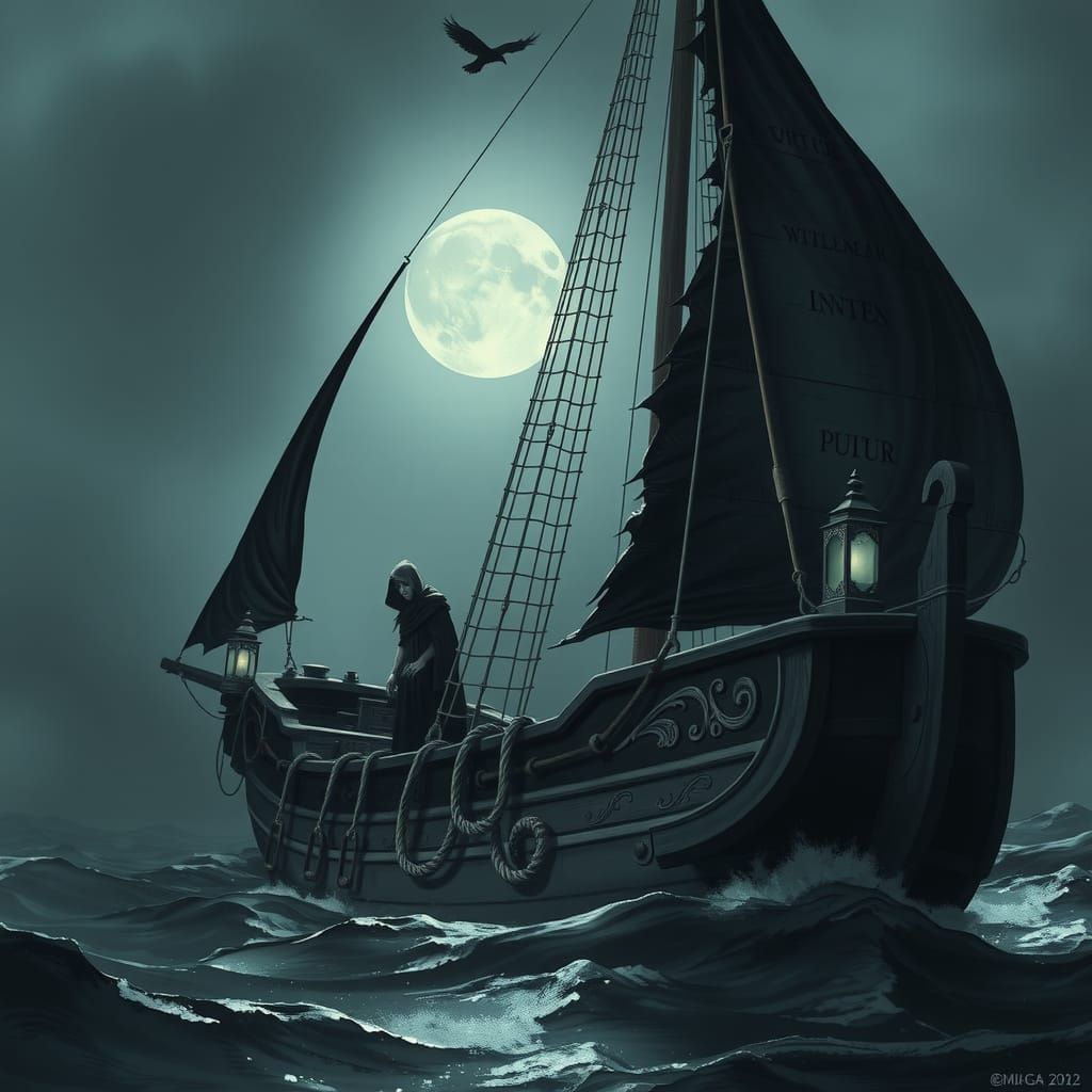 Gothic Sailing Ship on Misty Black Lake