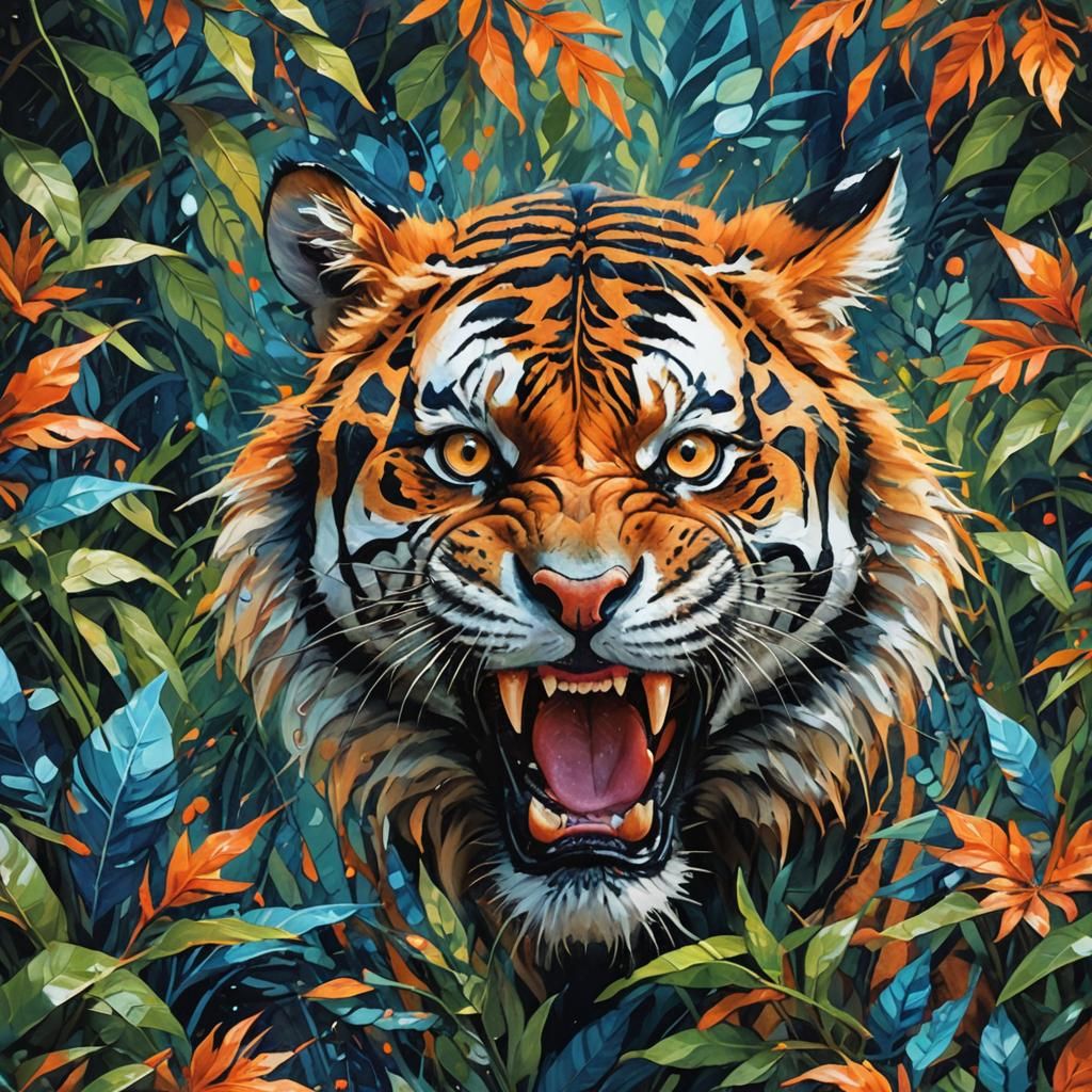 Fierce Tiger Emerges: Vibrant Expressionist Wildlife Art