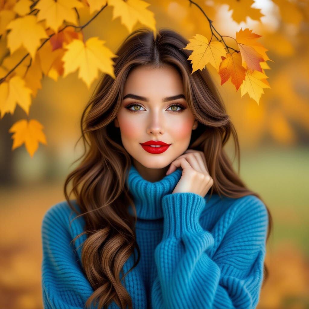 Autumn Woman in Blue Sweater Amidst Golden Leaves