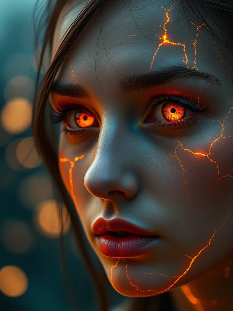 Ethereal Portrait of a Woman with Golden Cracks and Glowing ...