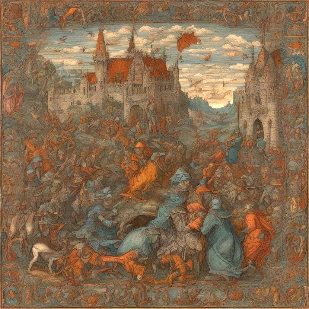 Medieval Scene in Darkened Woodcut Style