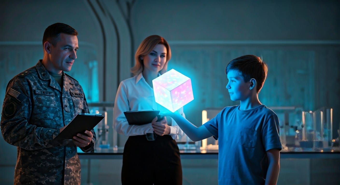 Boy Amazed by Levitating Pastel Cube in High-Tech Laboratory