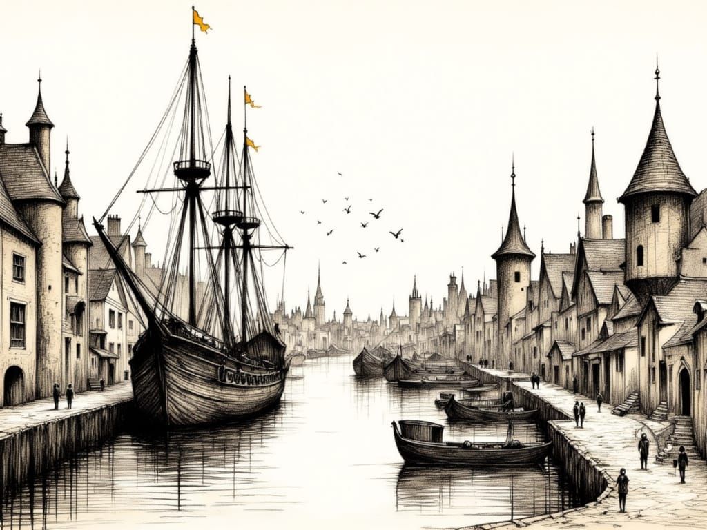 Medieval Port Town in Pen and Ink Style
