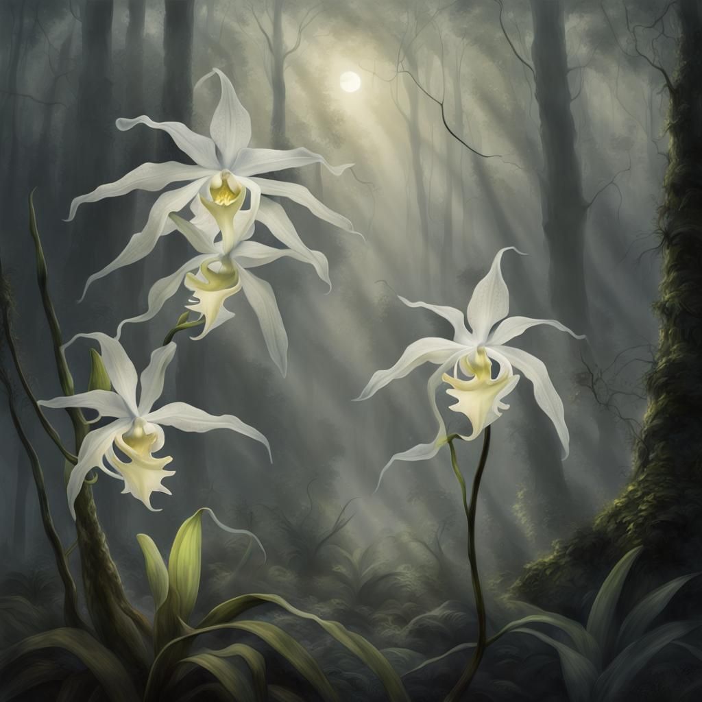 Ethereal Moonlit Ghost Orchid Blooms in a Misty Forest