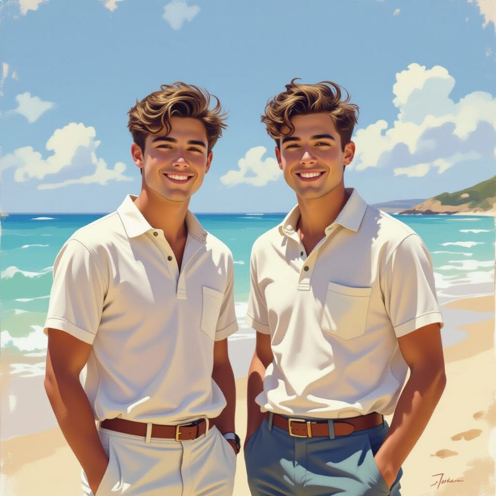Teenage Men on Beach as Watercolour Painting