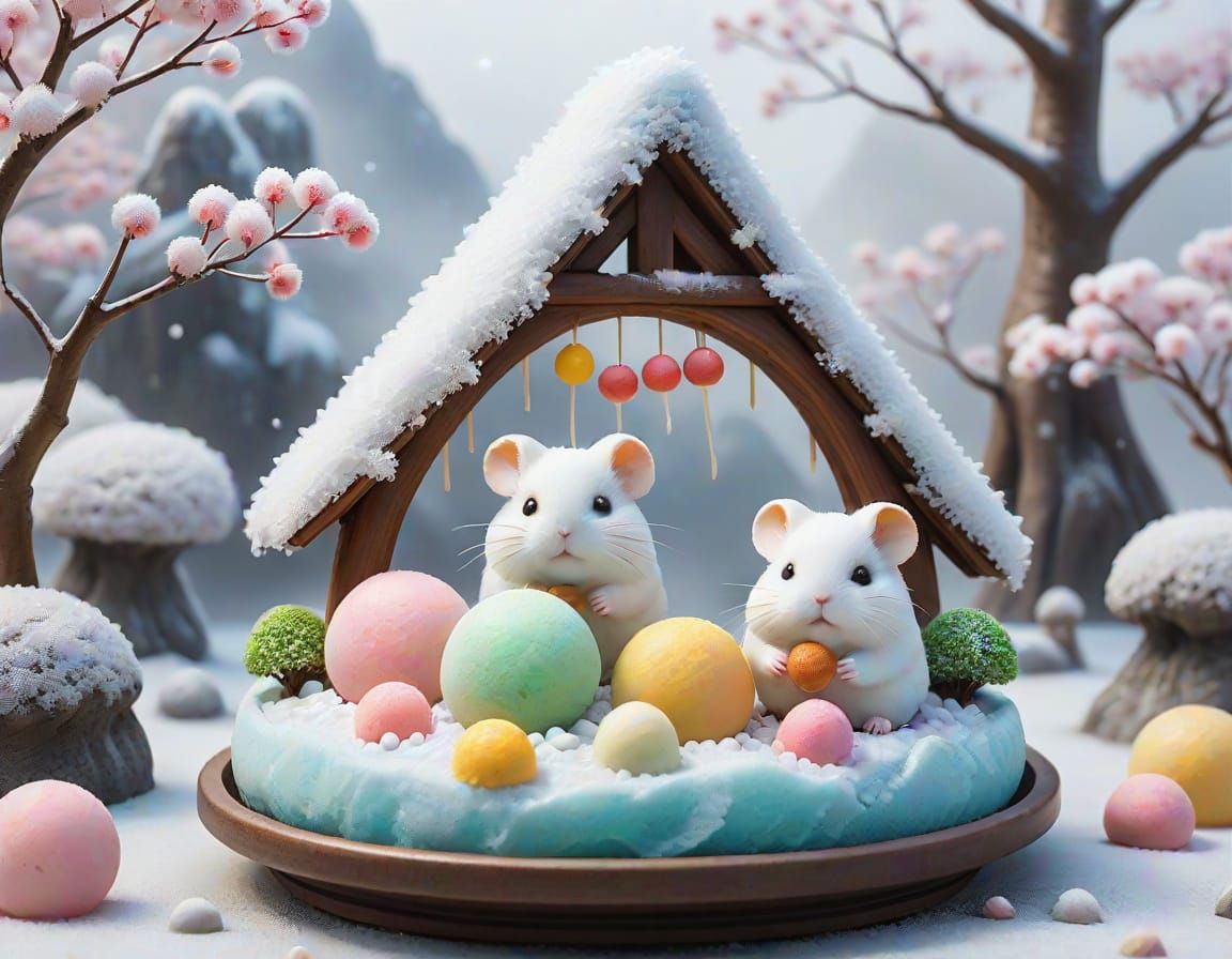 Surreal Winter Wonderland in Traditional Japanese Art Style