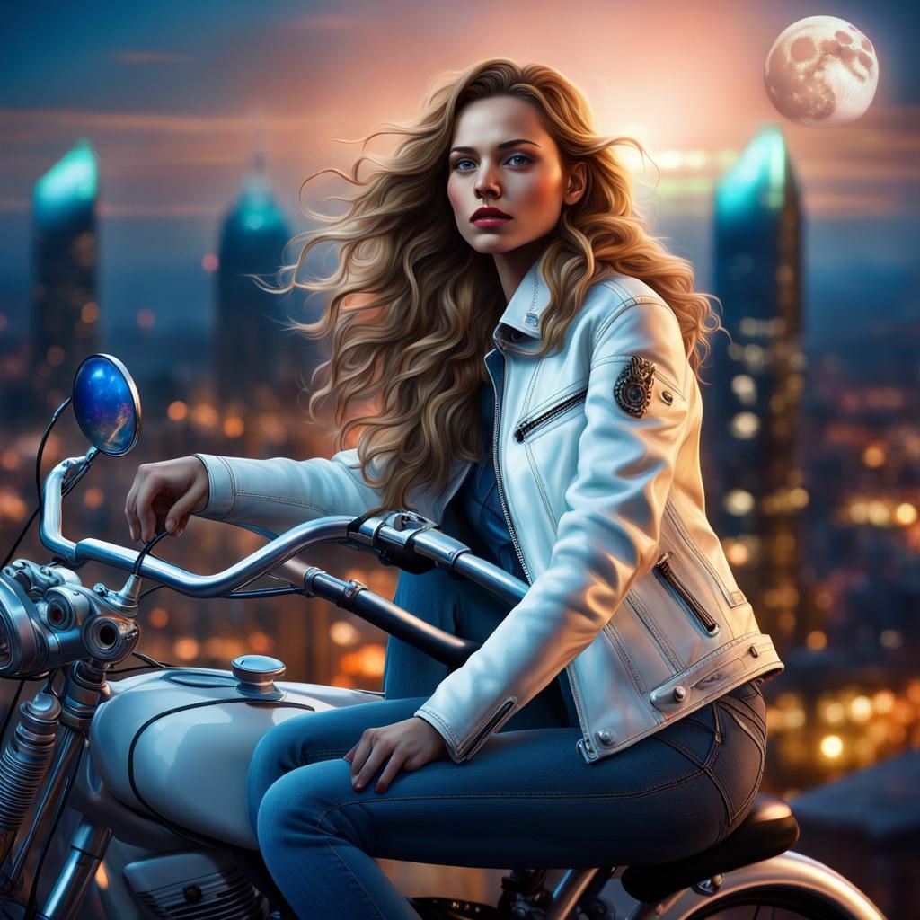 Woman on Motorcycle Gazing at Aurora Borealis