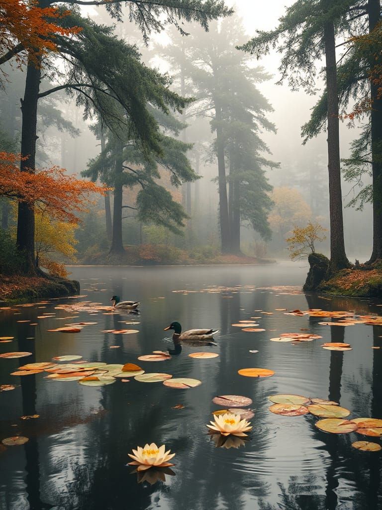 Serene Watercolor-Style Forest Pond Scene