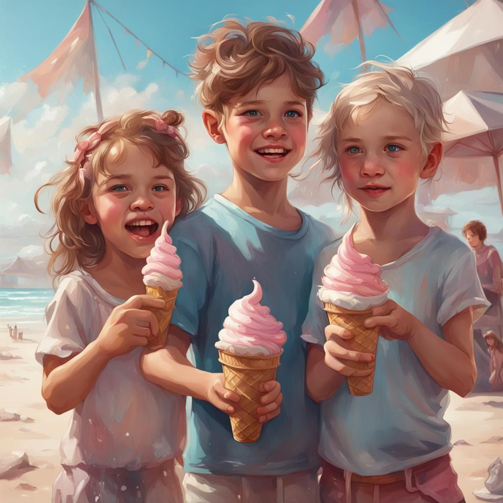 Kids Enjoying Ice Cream: Hyperdetailed Beach Portrait