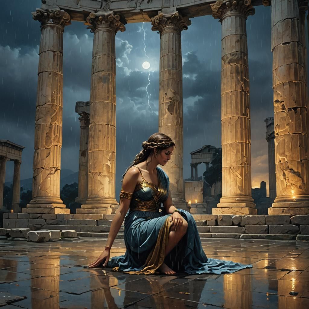 Goddess Kneeling in Ancient Greek Ruins Oil Painting