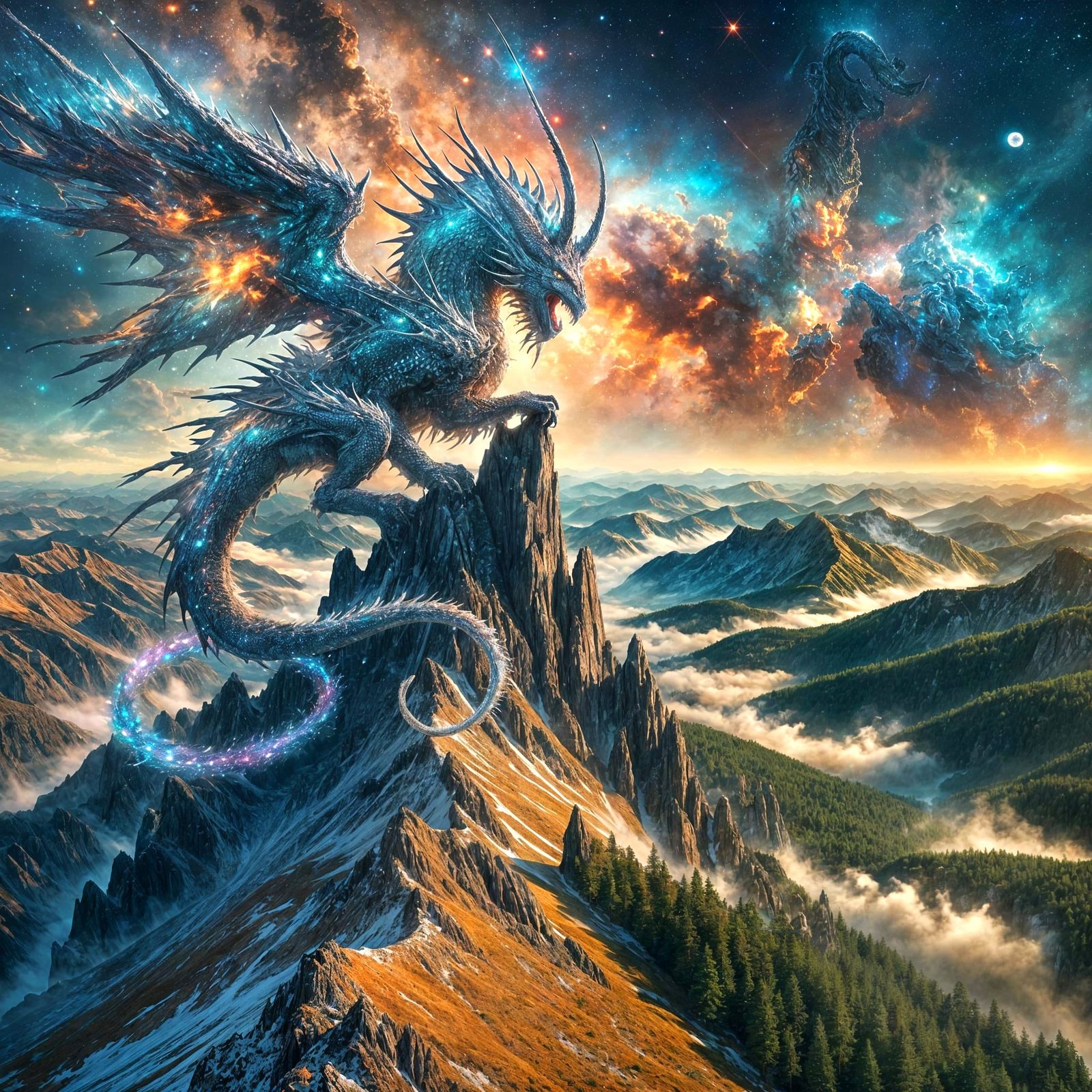 Nebula Dragon on Mountain Peak in Cosmic Wilderness