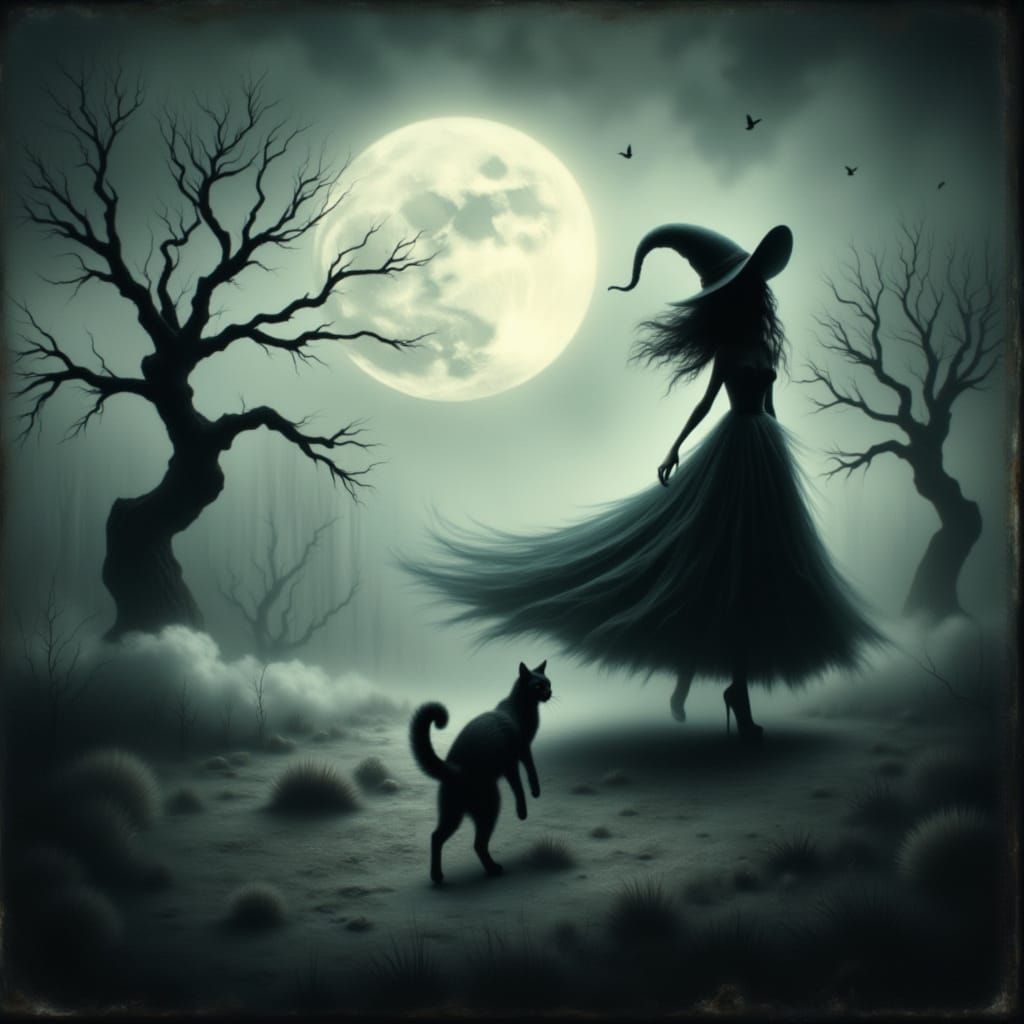Mystical Witch and Cat Under Full Moon