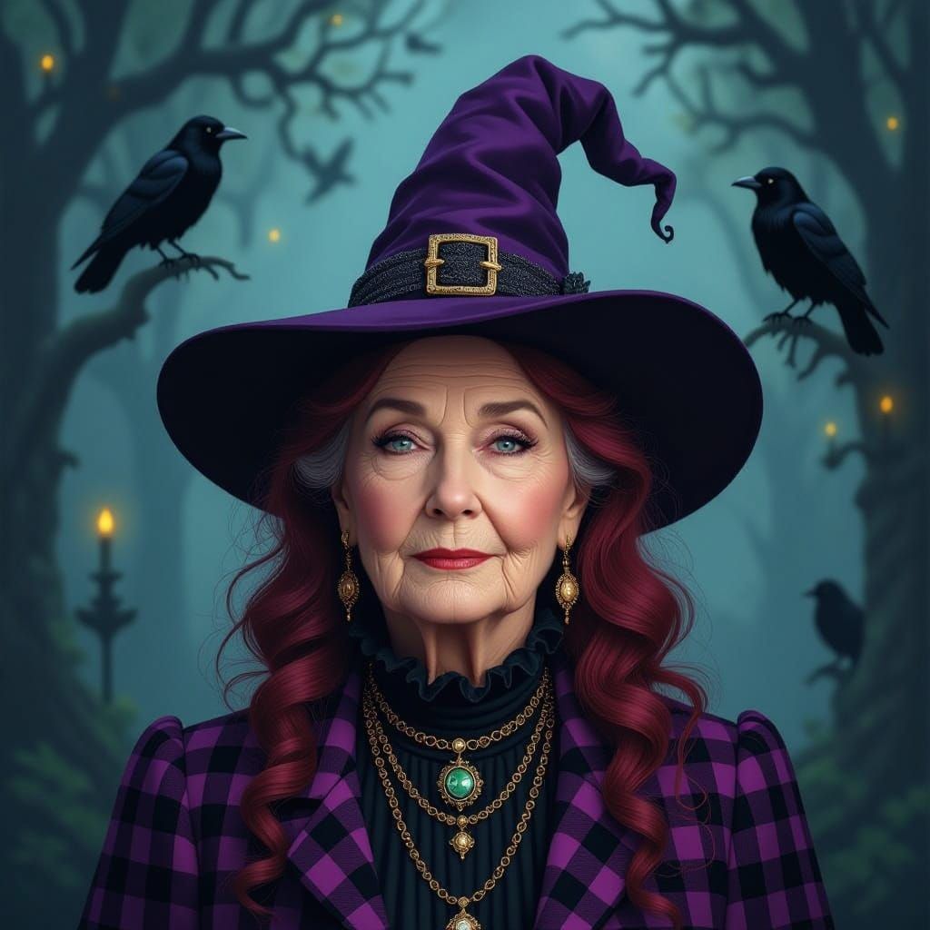 Witch with Red Hair and Plaid Hat in Mysterious Forest