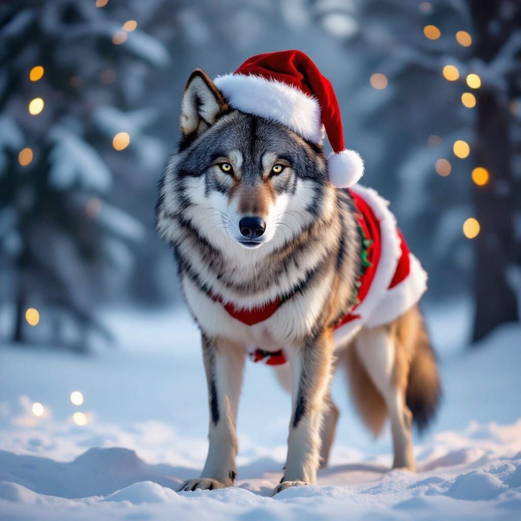 Realistic Santa Wolf in Festive Christmas Suit
