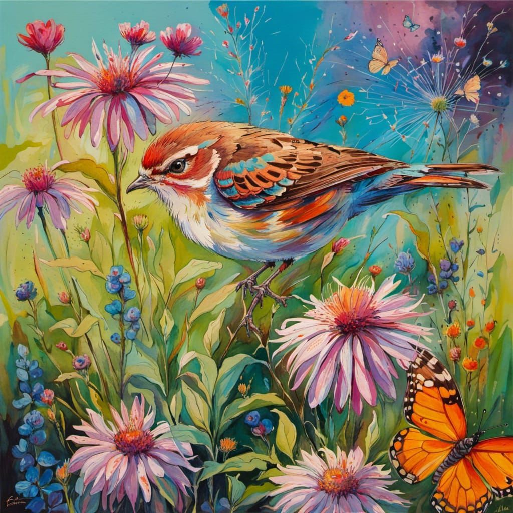 Bird with Wildflowers and Butterflies, Oil Painting Style