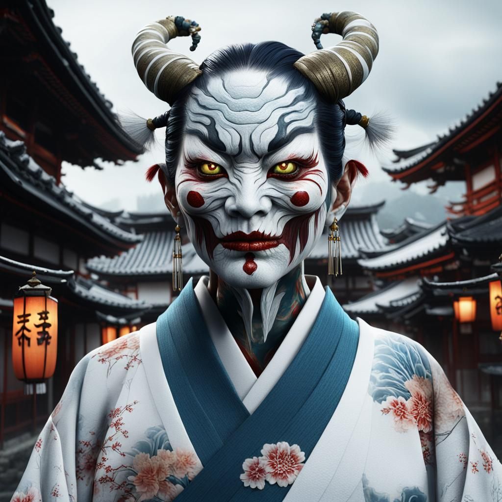 Three-Faced Monster in Japanese Townscape