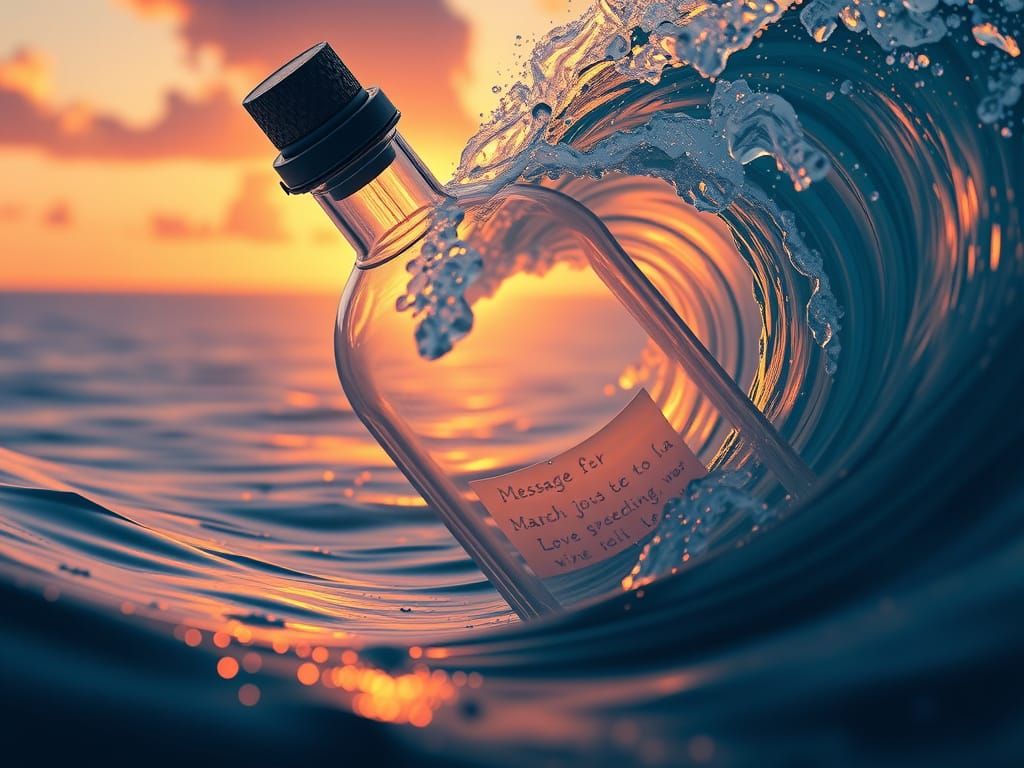 Vibrant Sunset Scene with Tipped Message Bottle in a Turbule...
