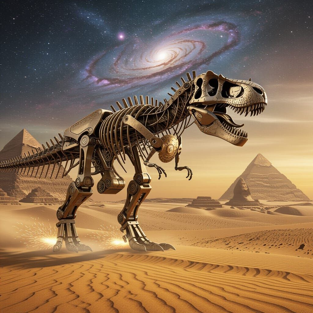 Clockwork T-Rex in Desert Under Nebula Sky