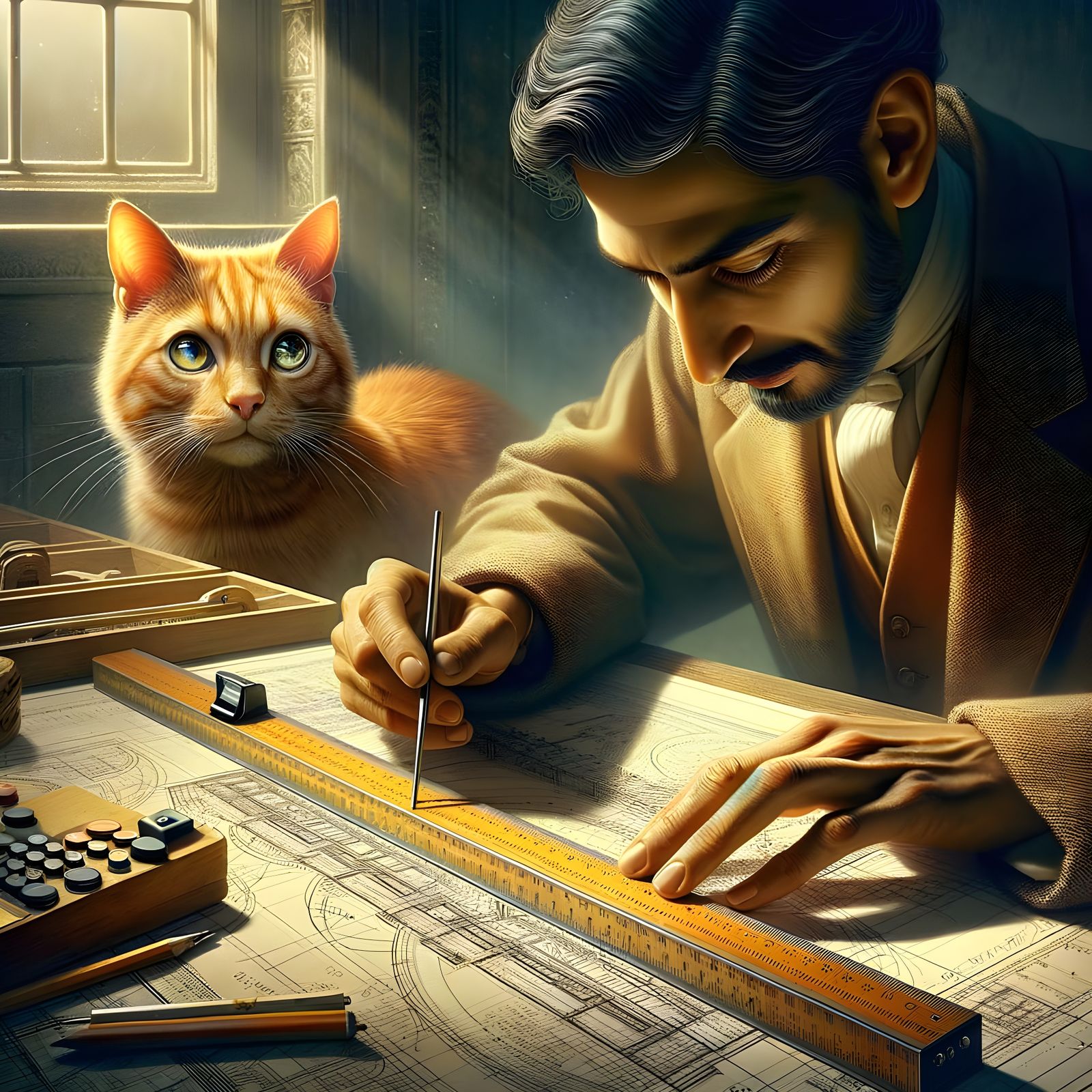 Architect Using Slide Rule Watched by Orange Tabby