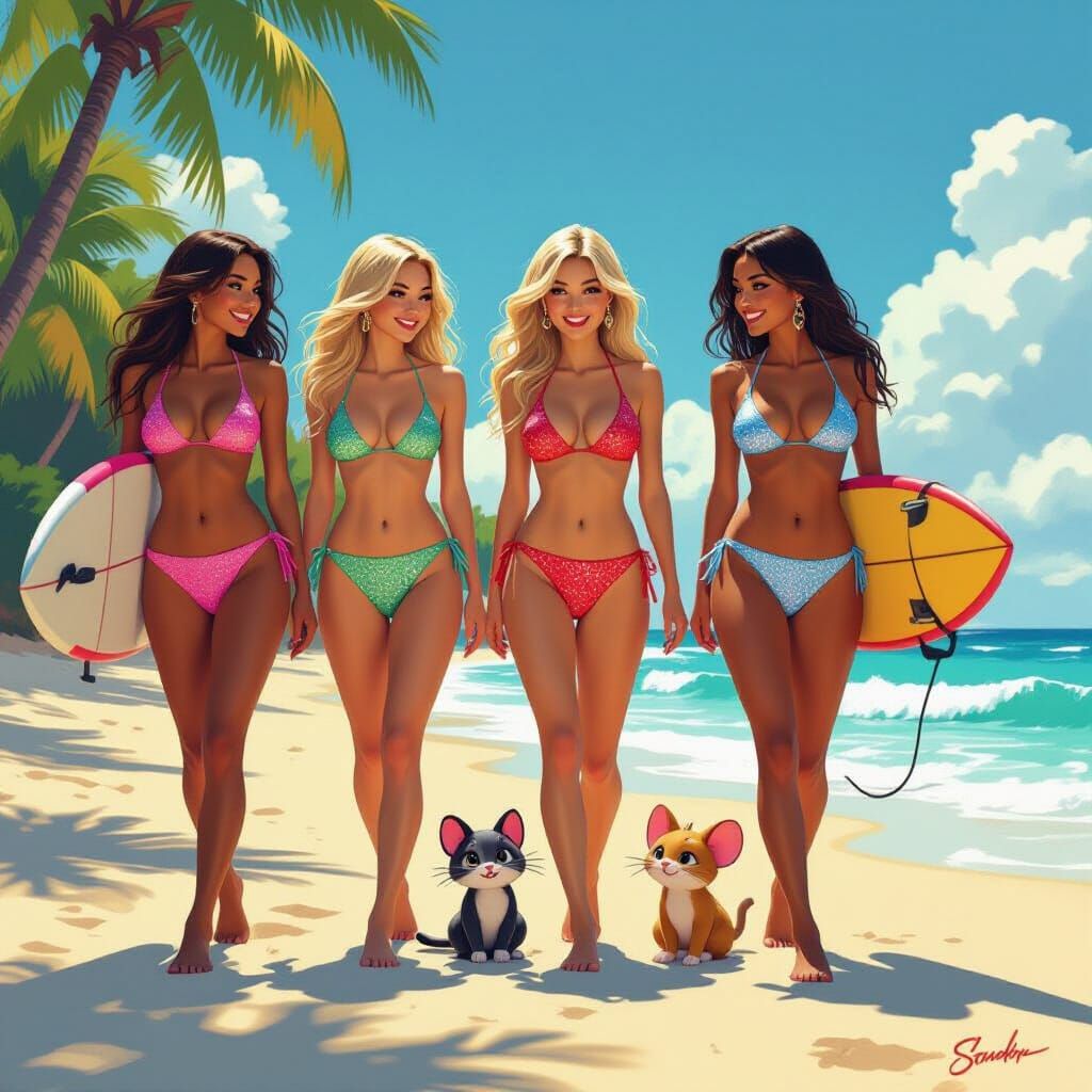 Models on Beach with Cartoon Animals, Realistic Style