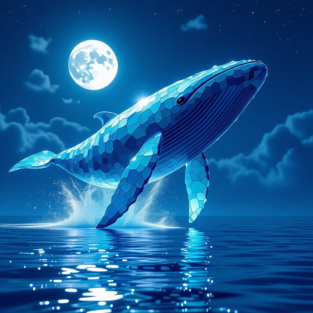 Colossal Sea Glass Whale Sculpture Breaching in Moonlight