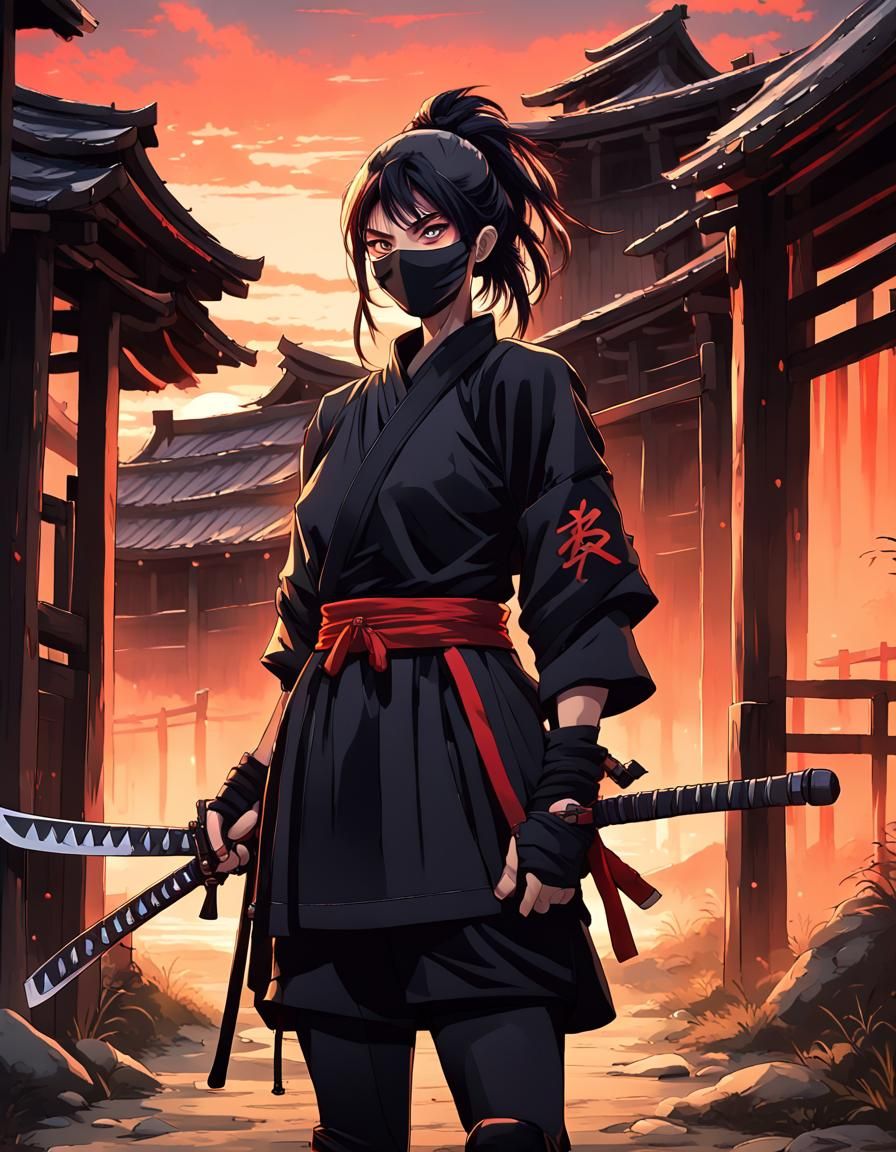 Anime Ninja Guarding Village Gate at Sunset