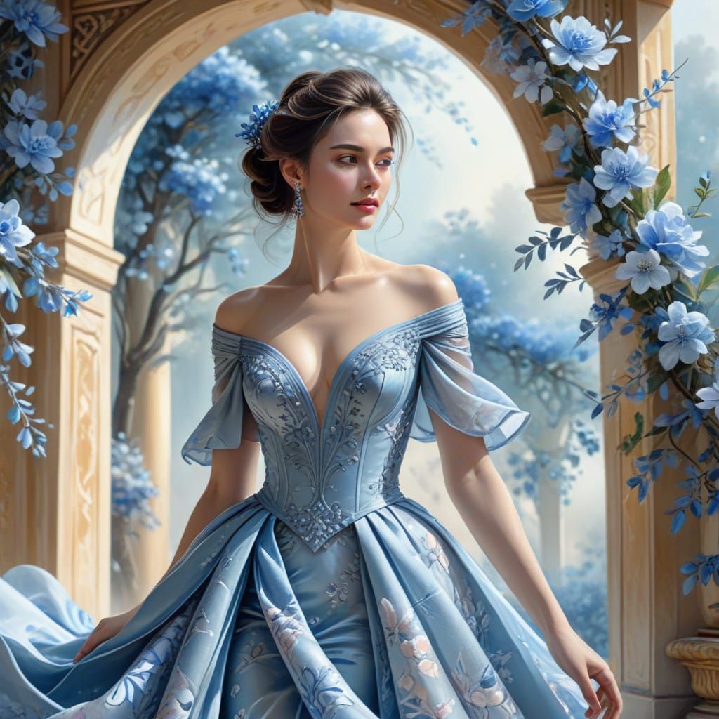 Lady in Blue Gown Walking Through Floral Archway