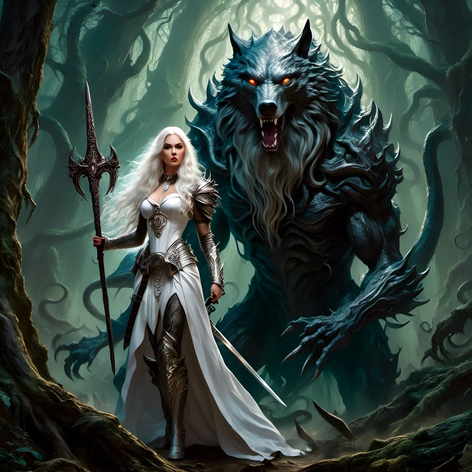 Fantasy Warrior Woman with Wolf in Eldritch Style