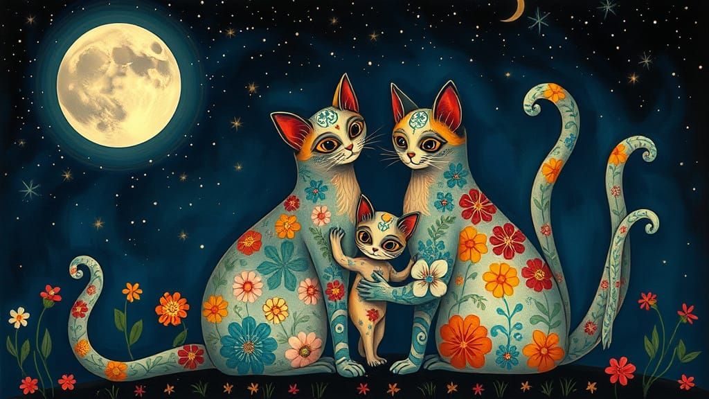 Whimsical Folk Art Cats Under Starry Night Sky