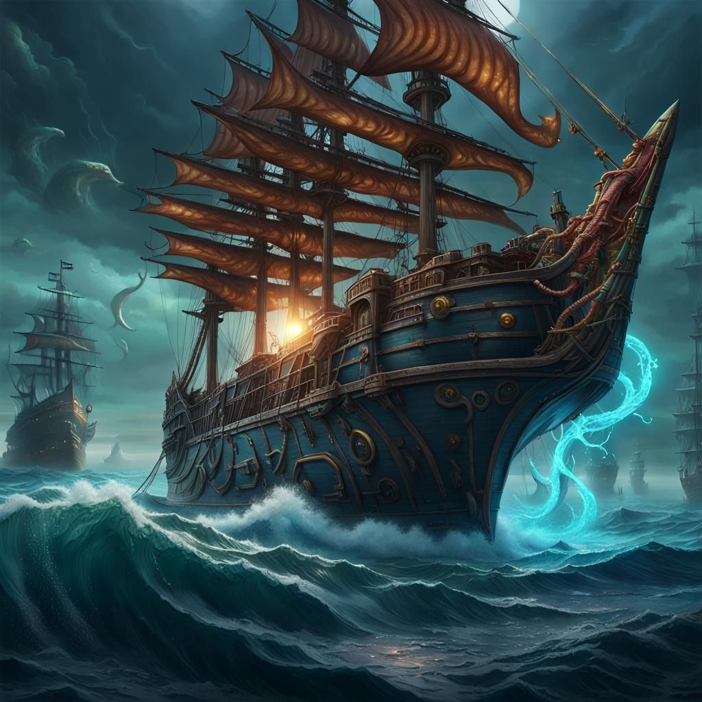 Ship Confronts Giant Squid: Fantasy Concept Art