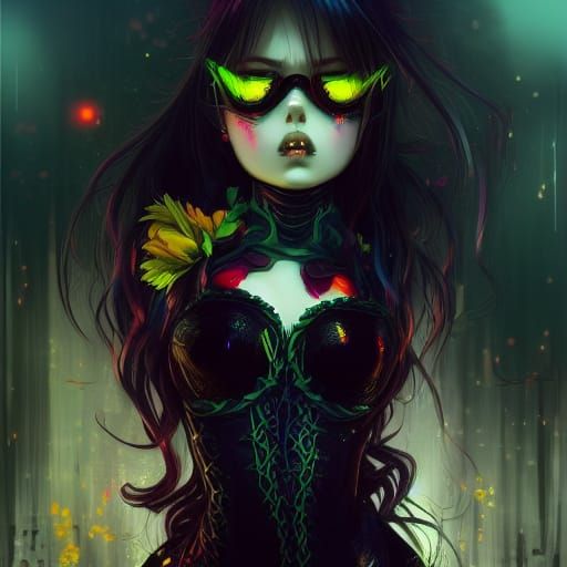 Anime Dream Girl in Dark Halloween Cel-Shaded Scene