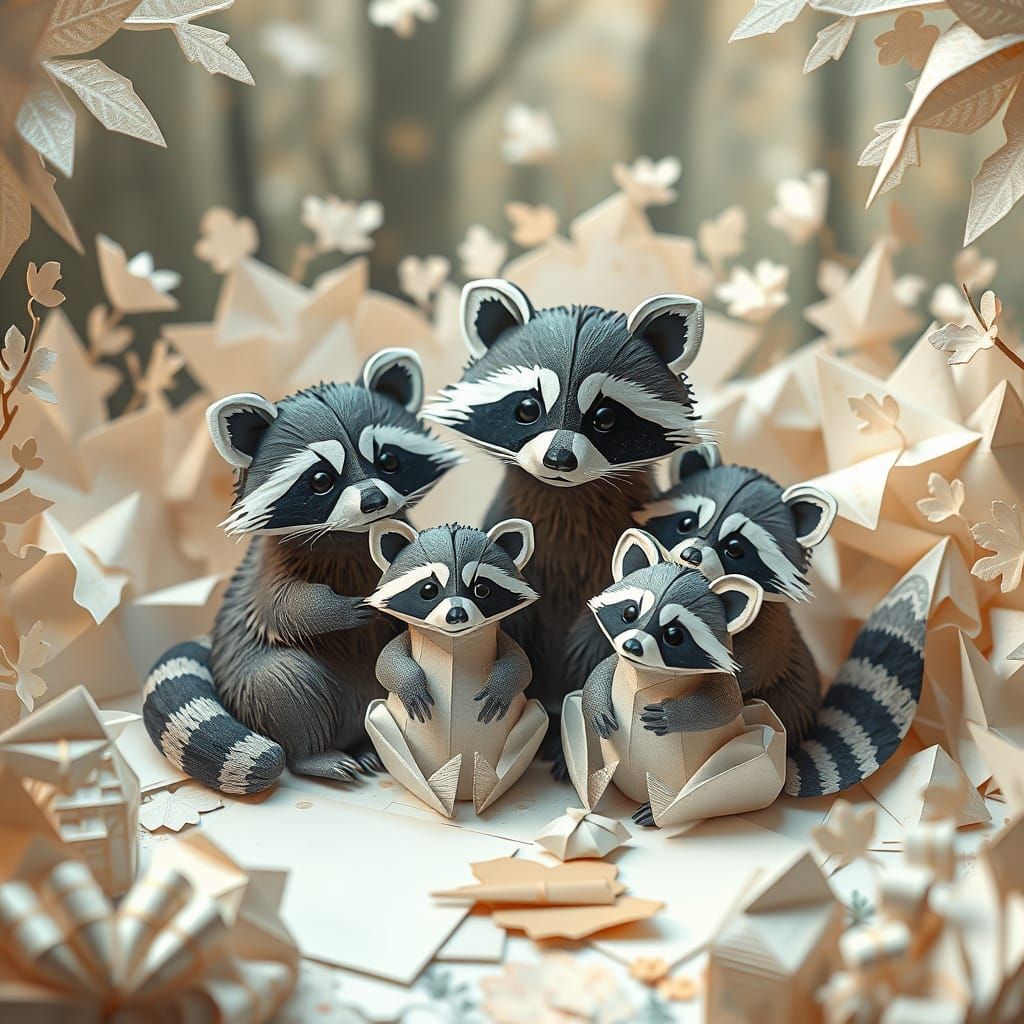 Whimsical Raccoon Family Amidst Paper Folds