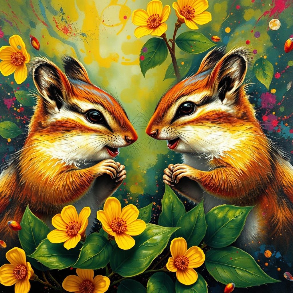 Two Joyful Chipmunks Face Off in a Vibrant, Dreamlike Landsc...