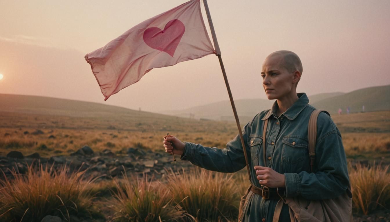 Woman with Heart Flag in Golden Hour Landscape