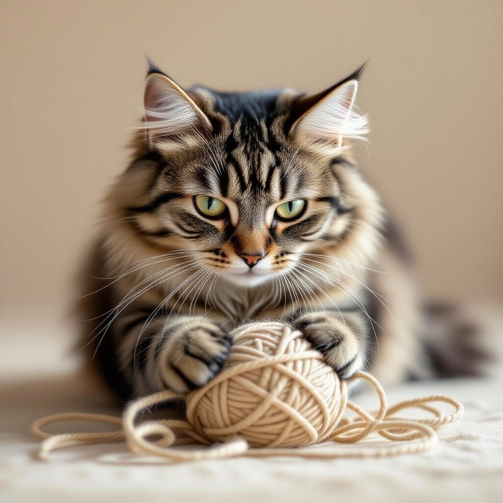 Gray Tabby Cat Plays with Yarn