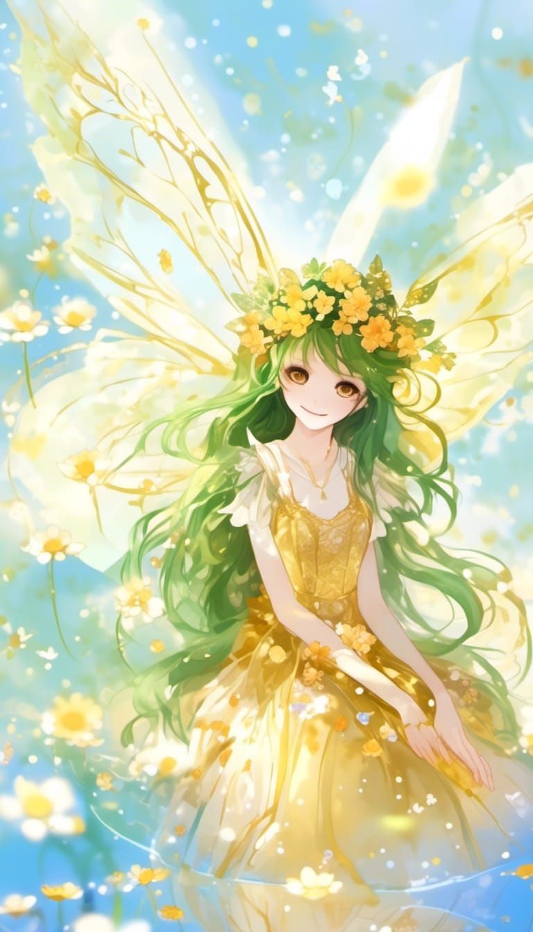 Anime Fairy Girl with Green Hair and Golden Gown