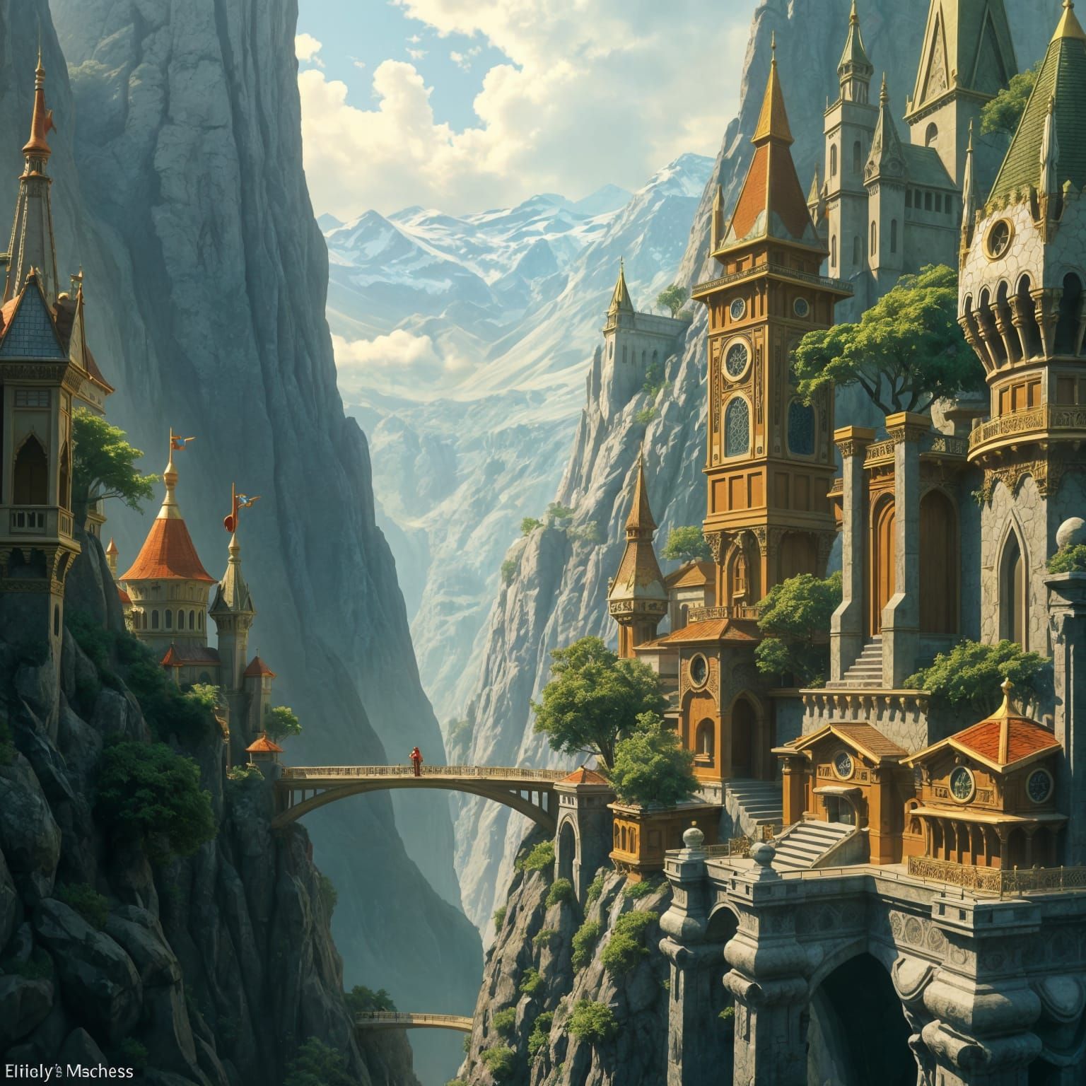 Elven City in Mountain Valley with Fantasy Architecture