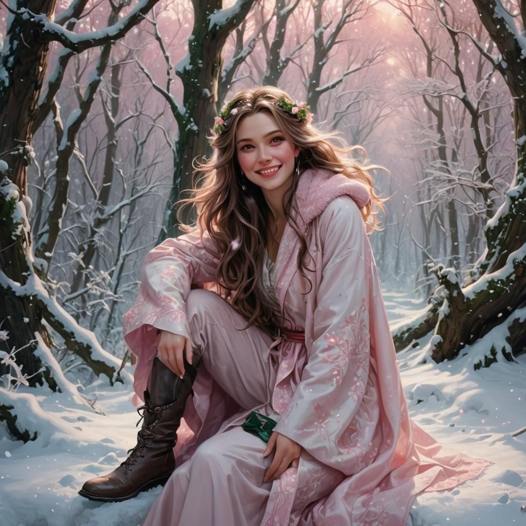 Smiling Femme Fatale in Winter Forest, Fantasy Art