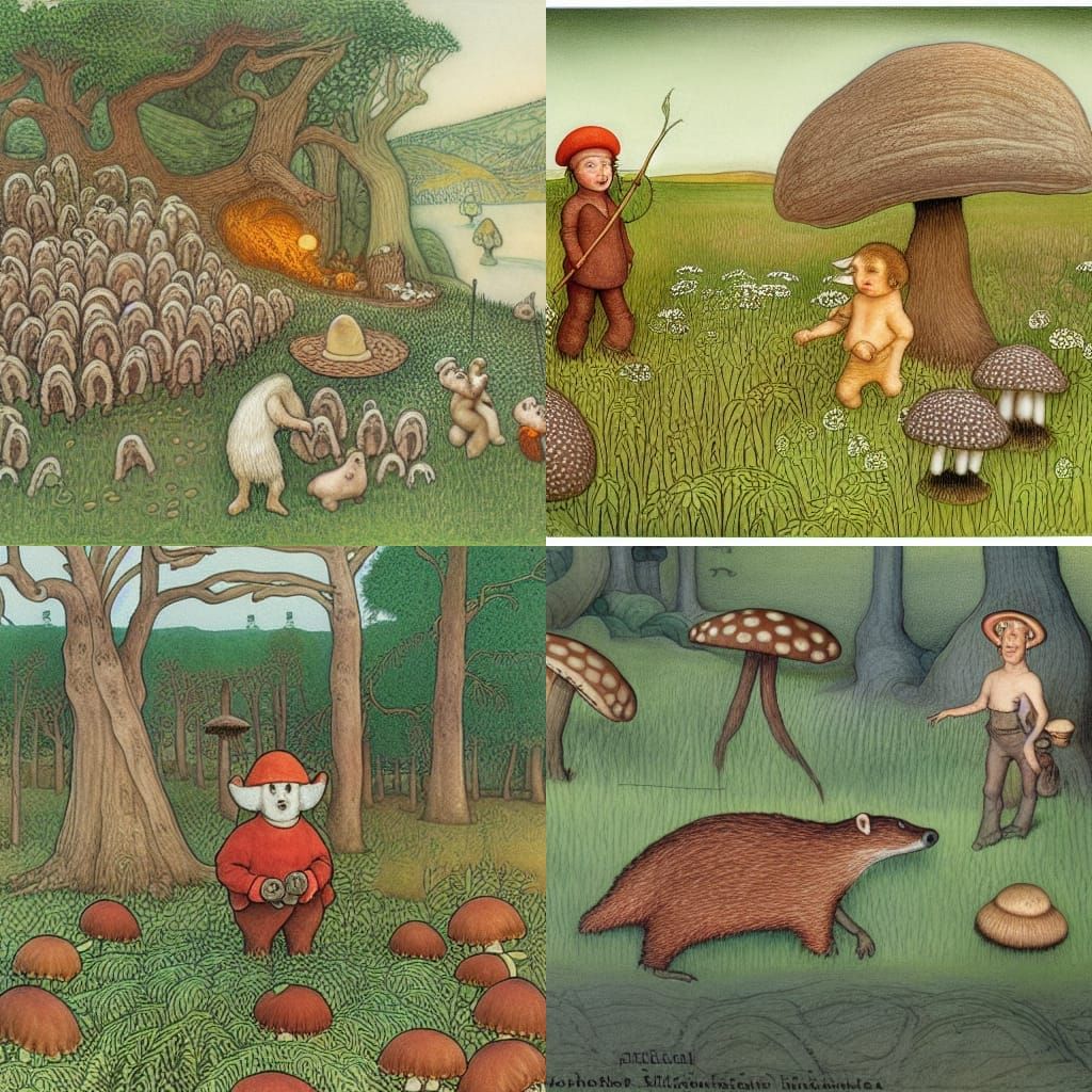 Badgers and Mushrooms in Detailed Matte Painting